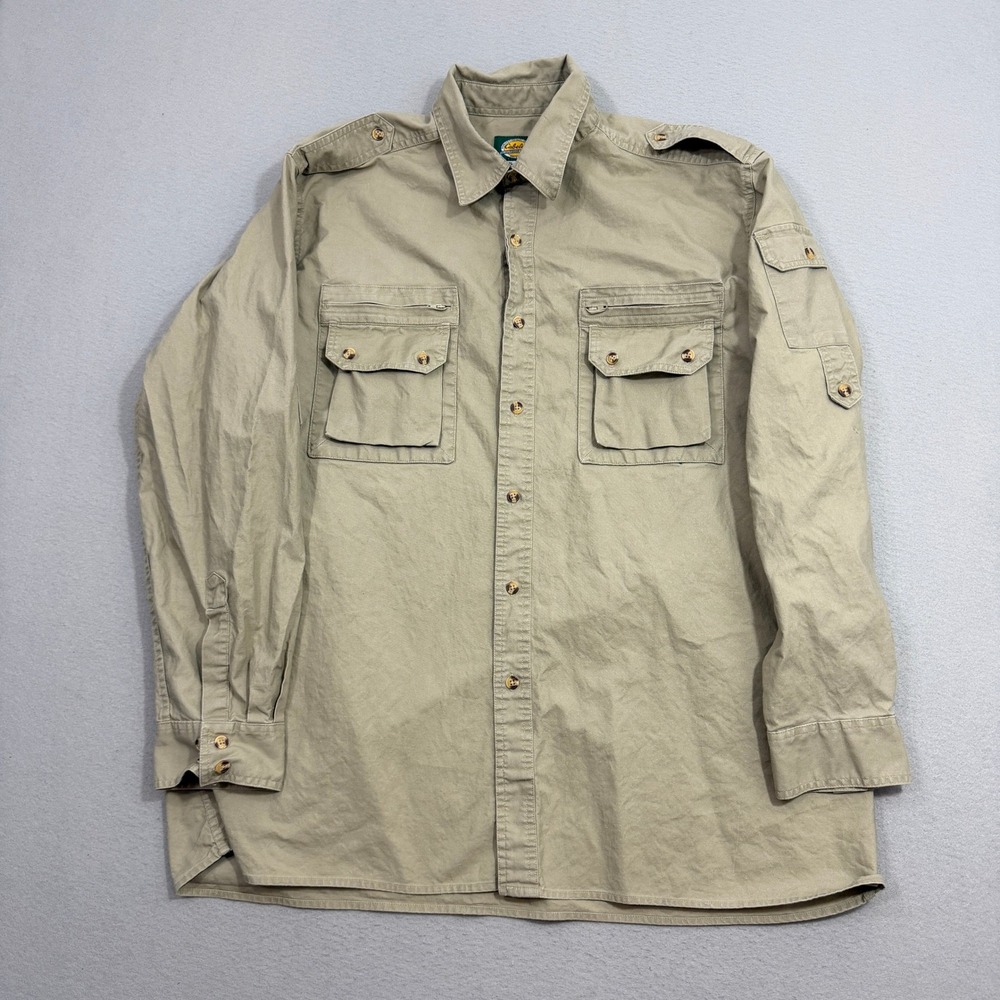 Cabela's Safari Shirt Men's XXL Tan Long Sleeve Outdoor Gear Cotton Epaulets